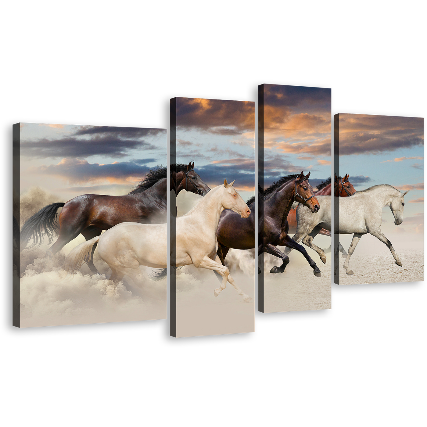 Horses Herd Canvas Wall Art, White Brown Horses Galloping 4 Piece Canvas Print, Five Running Horses Multiple Canvas