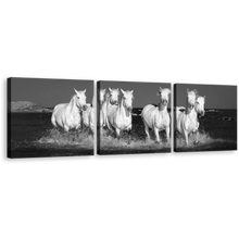 Load image into Gallery viewer, Horses Herd Canvas Wall Art, White Horses Dark Background 3 Piece Canvas Set, Black and White Horses Beach Canvas Print
