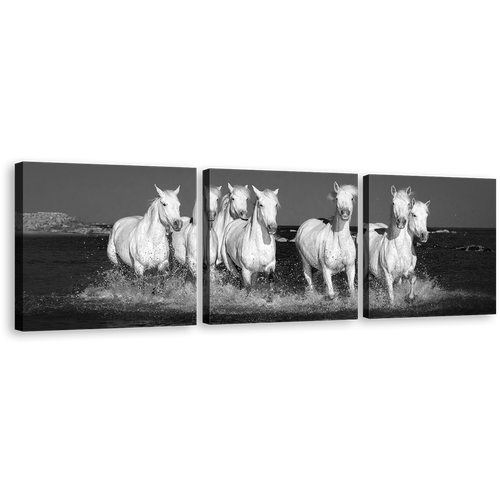 Horses Herd Canvas Wall Art, White Horses Dark Background 3 Piece Canvas Set, Black and White Horses Beach Canvas Print