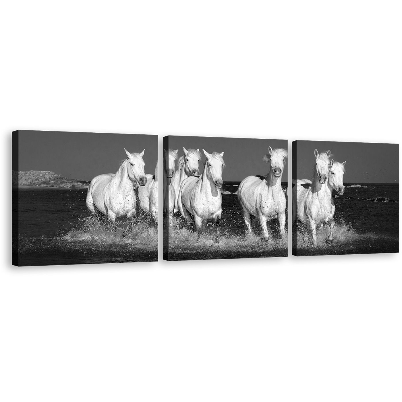 Horses Herd Canvas Wall Art, White Horses Dark Background 3 Piece Canvas Set, Black and White Horses Beach Canvas Print