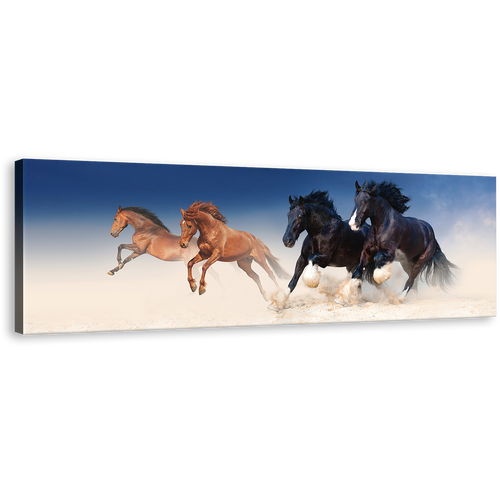 Horses Herd Wall Art, Amazing Stallions Panoramic Canvas Print, Running Black Brown Horses Galloping Canvas Set