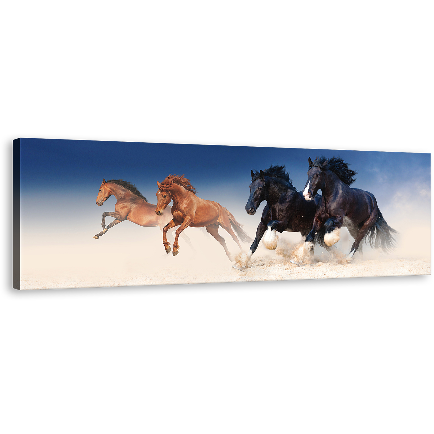 Horses Herd Wall Art, Amazing Stallions Panoramic Canvas Print, Running Black Brown Horses Galloping Canvas Set