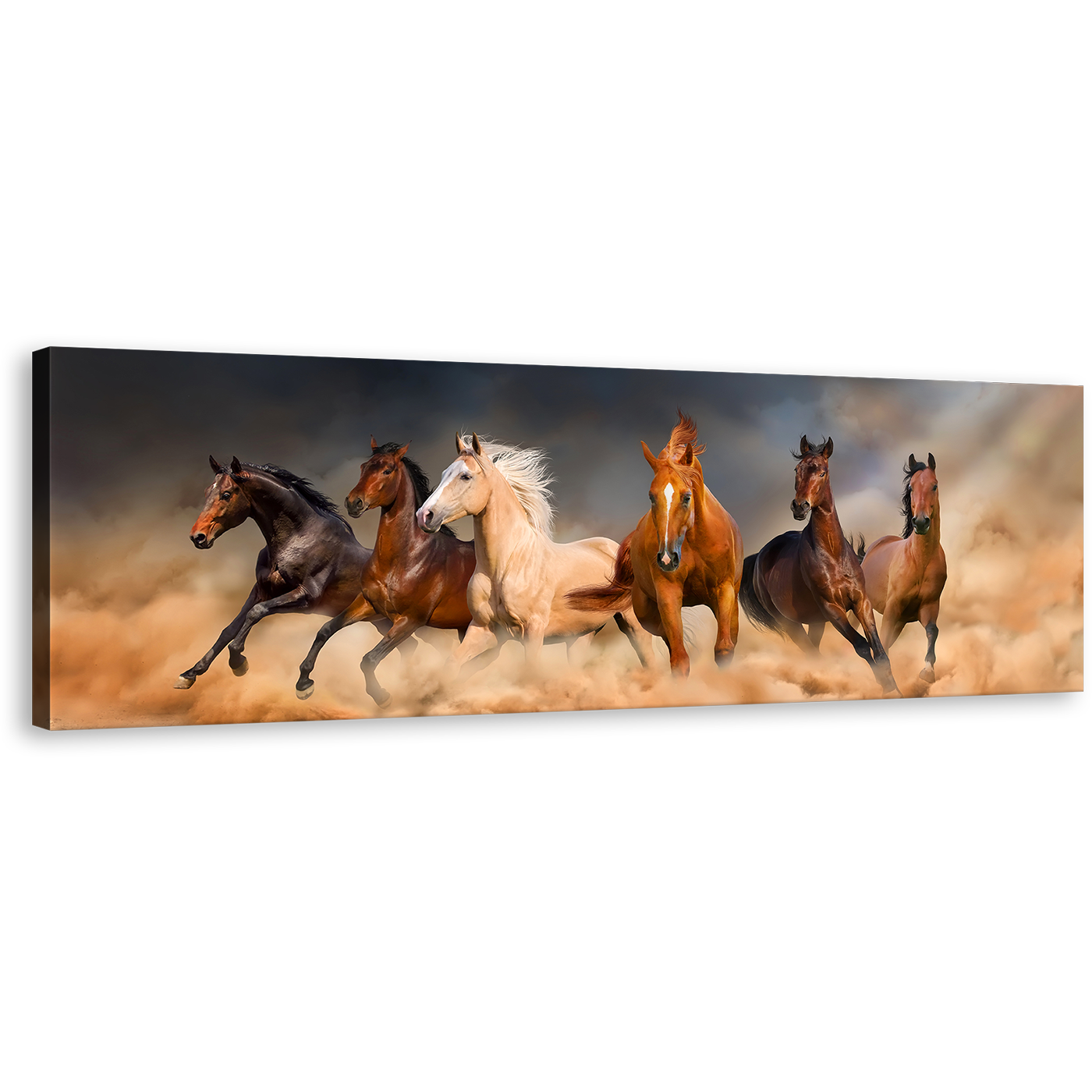 Horses Herd Wall Art, White Brown Horses Canvas Art, Animal Run In Sky Desert Panorama Canvas Print