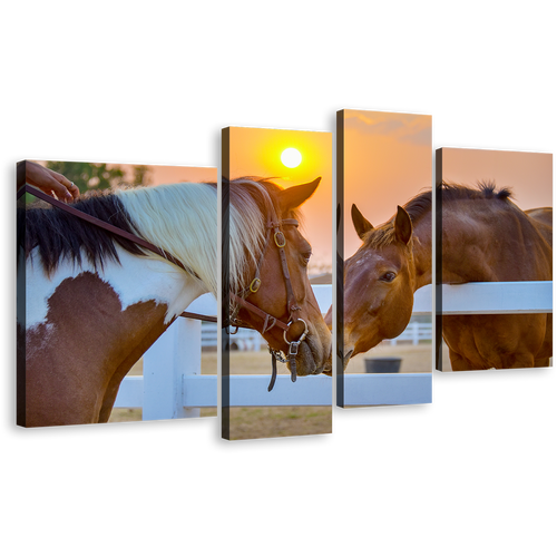 Horses Kissing Canvas Print, Brown White Horse in Field 4 Piece Multiple Canvas, Horses Friendship Canvas Wall Art