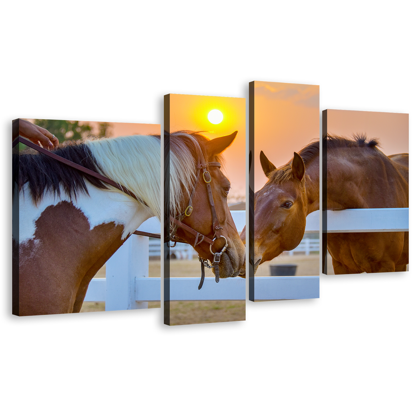 Horses Kissing Canvas Print, Brown White Horse in Field 4 Piece Multiple Canvas, Horses Friendship Canvas Wall Art