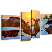 Load image into Gallery viewer, Horses Love Canvas Wall Art, Horses Farm in Yellow Sunset 4 Piece Canvas Set, Brown Horses Fence Field Canvas Print
