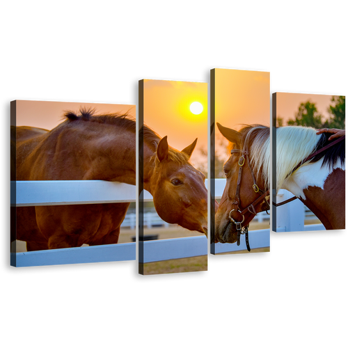 Horses Love Canvas Wall Art, Horses Farm in Yellow Sunset 4 Piece Canvas Set, Brown Horses Fence Field Canvas Print