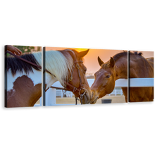 Load image into Gallery viewer, Horses Love Canvas Wall Art, Horses in Yellow Sunrise 3 Piece Canvas, Brown Horses Kissing Canvas Print
