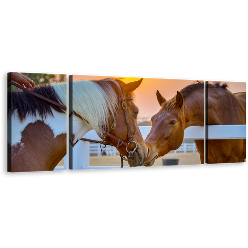 Horses Love Canvas Wall Art, Horses in Yellow Sunrise 3 Piece Canvas, Brown Horses Kissing Canvas Print