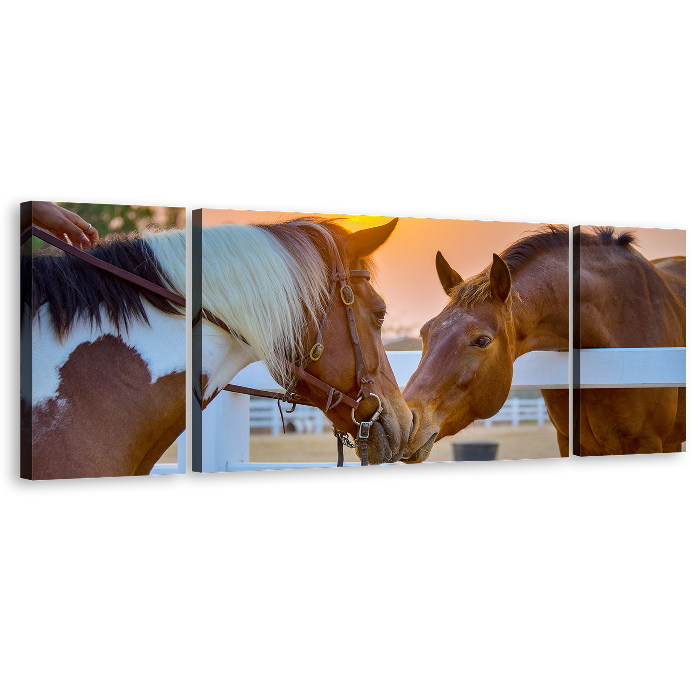 Horses Love Canvas Wall Art, Horses in Yellow Sunrise 3 Piece Canvas, Brown Horses Kissing Canvas Print