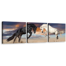 Load image into Gallery viewer, Horses Playing Canvas Wall Art, Horses Fight 3 Piece Multiple Canvas, Black White Horses Rearing Triptych Canvas Print
