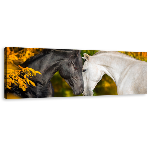 Horses Portrait Canvas Print, Horses in Orange Autumn Wide Canvas, Black and White Horses 1 Piece Canvas Wall Art