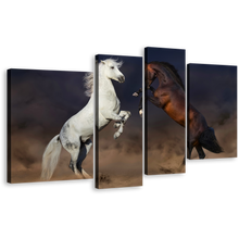 Load image into Gallery viewer, Horses Rearing Canvas Wall Art, Two Horses Fight 4 Piece Multi Canvas, White Brown Horses Dust Canvas Print
