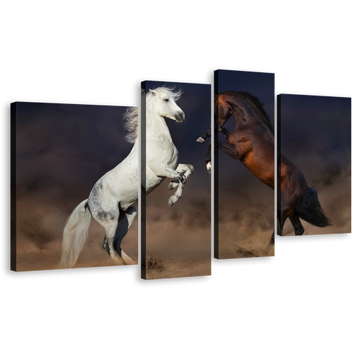 Horses Rearing Canvas Wall Art, Two Horses Fight 4 Piece Multi Canvas, White Brown Horses Dust Canvas Print