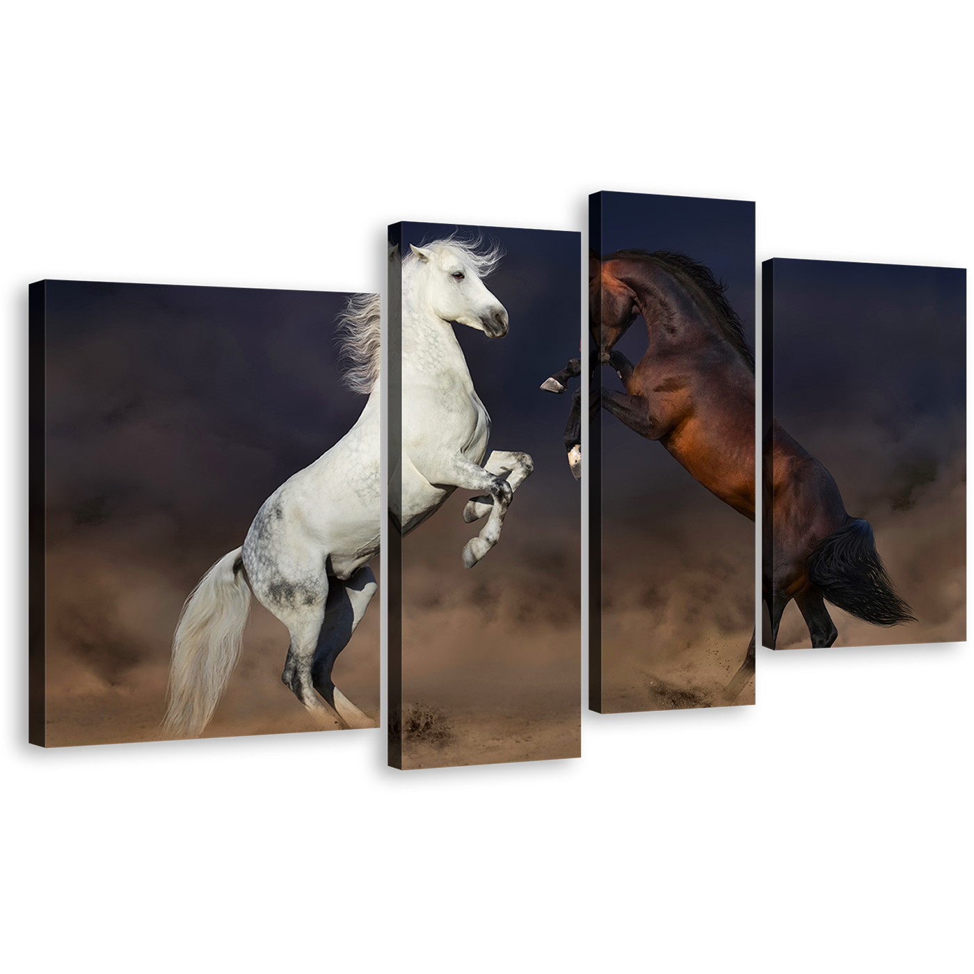 Horses Rearing Canvas Wall Art, Two Horses Fight 4 Piece Multi Canvas, White Brown Horses Dust Canvas Print