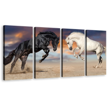 Load image into Gallery viewer, Horses Rearing Canvas Wall Art, White Black Horses 4 Piece Canvas Set, Horses Fight Canvas Print
