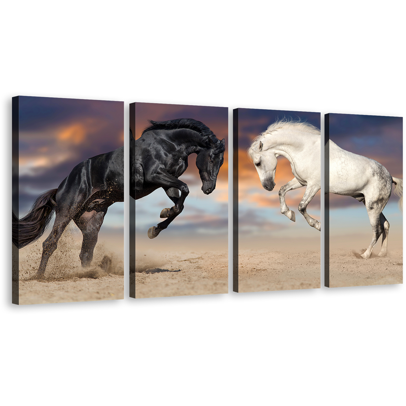 Horses Rearing Canvas Wall Art, White Black Horses 4 Piece Canvas Set, Horses Fight Canvas Print