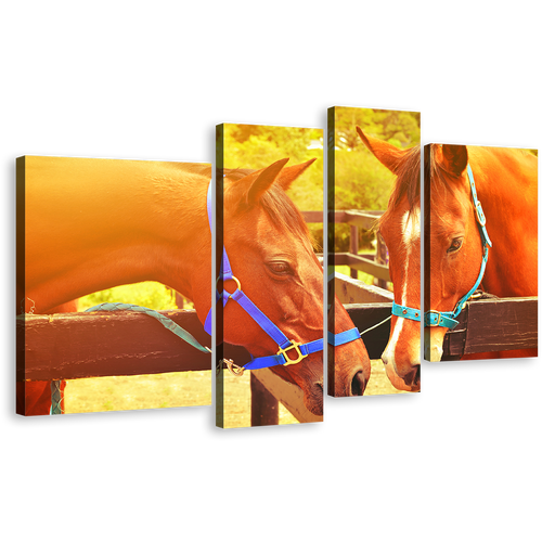 Horses Romance Canvas Wall Art, Brown Horses in Love 4 Piece Canvas Print, Horses in Yellow Sun Canvas Set, 2 Horses Head Multiple Canvas