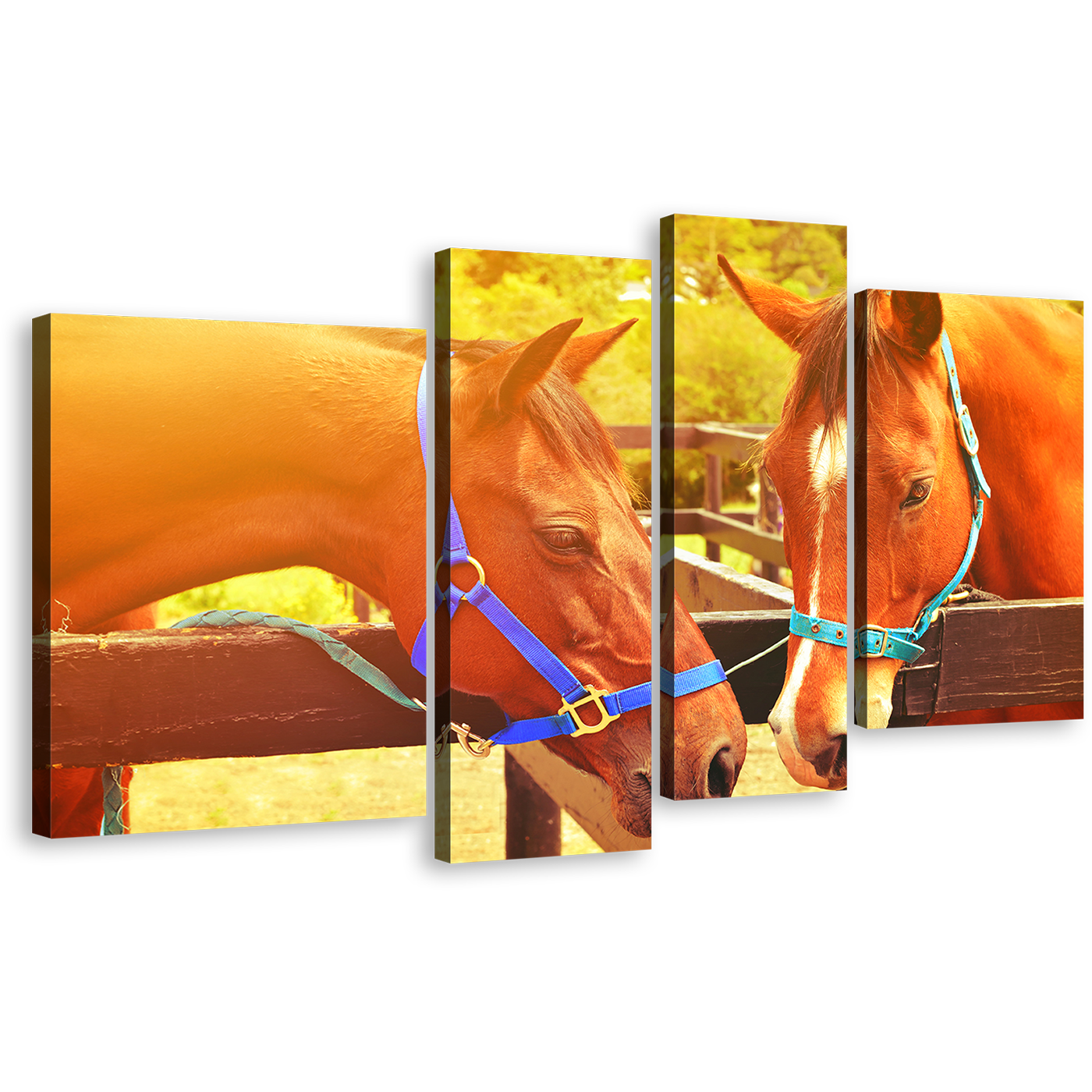 Horses Romance Canvas Wall Art, Brown Horses in Love 4 Piece Canvas Print, Horses in Yellow Sun Canvas Set, 2 Horses Head Multiple Canvas