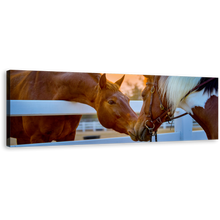 Load image into Gallery viewer, Horses Romance Canvas Wall Art, Horse in Yellow Sunset Canvas Print, Brown White Horses in love 1 Piece Canvas Artwork
