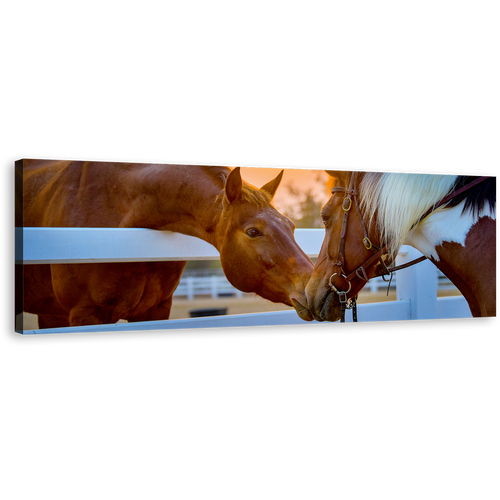 Horses Romance Canvas Wall Art, Horse in Yellow Sunset Canvas Print, Brown White Horses in love 1 Piece Canvas Artwork