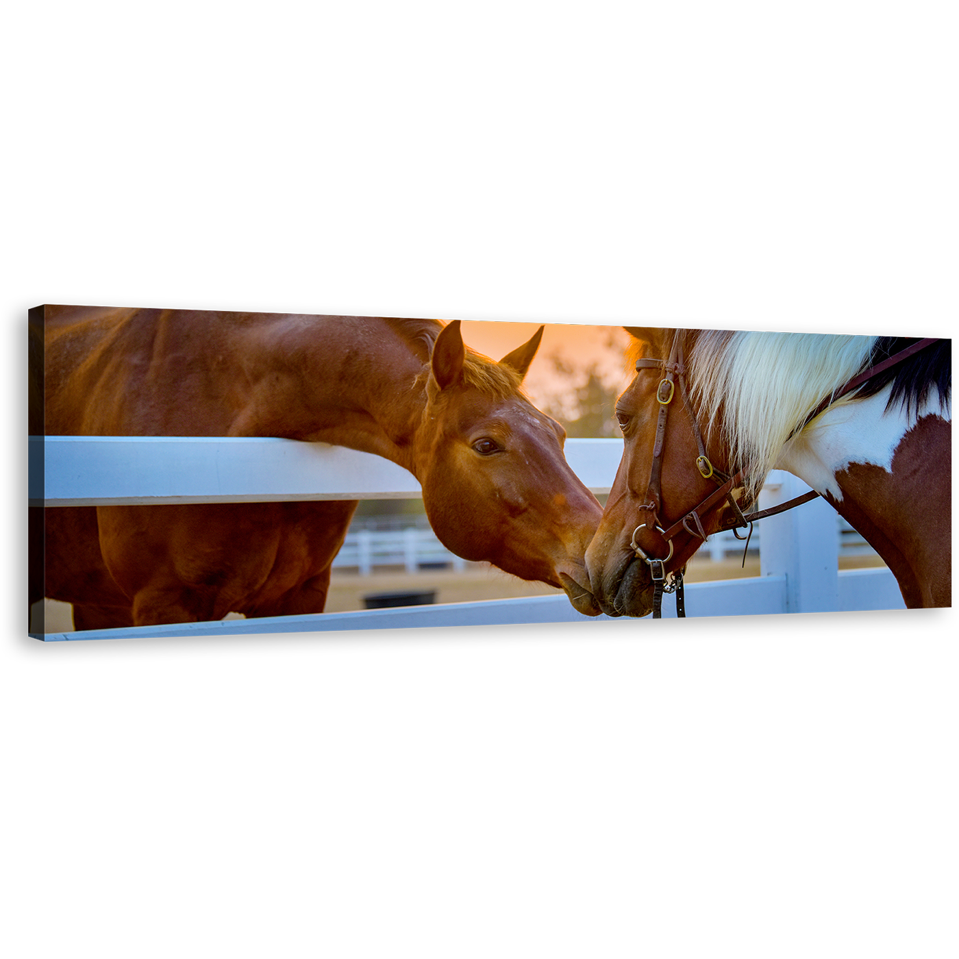 Horses Romance Canvas Wall Art, Horse in Yellow Sunset Canvas Print, Brown White Horses in love 1 Piece Canvas Artwork