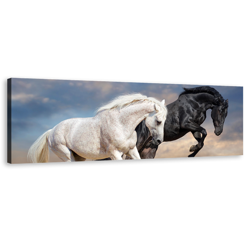 Horses Run Canvas Wall Art, Black and White Horses 1 Piece Canvas Print, Two Horses in Nature Wide Canvas