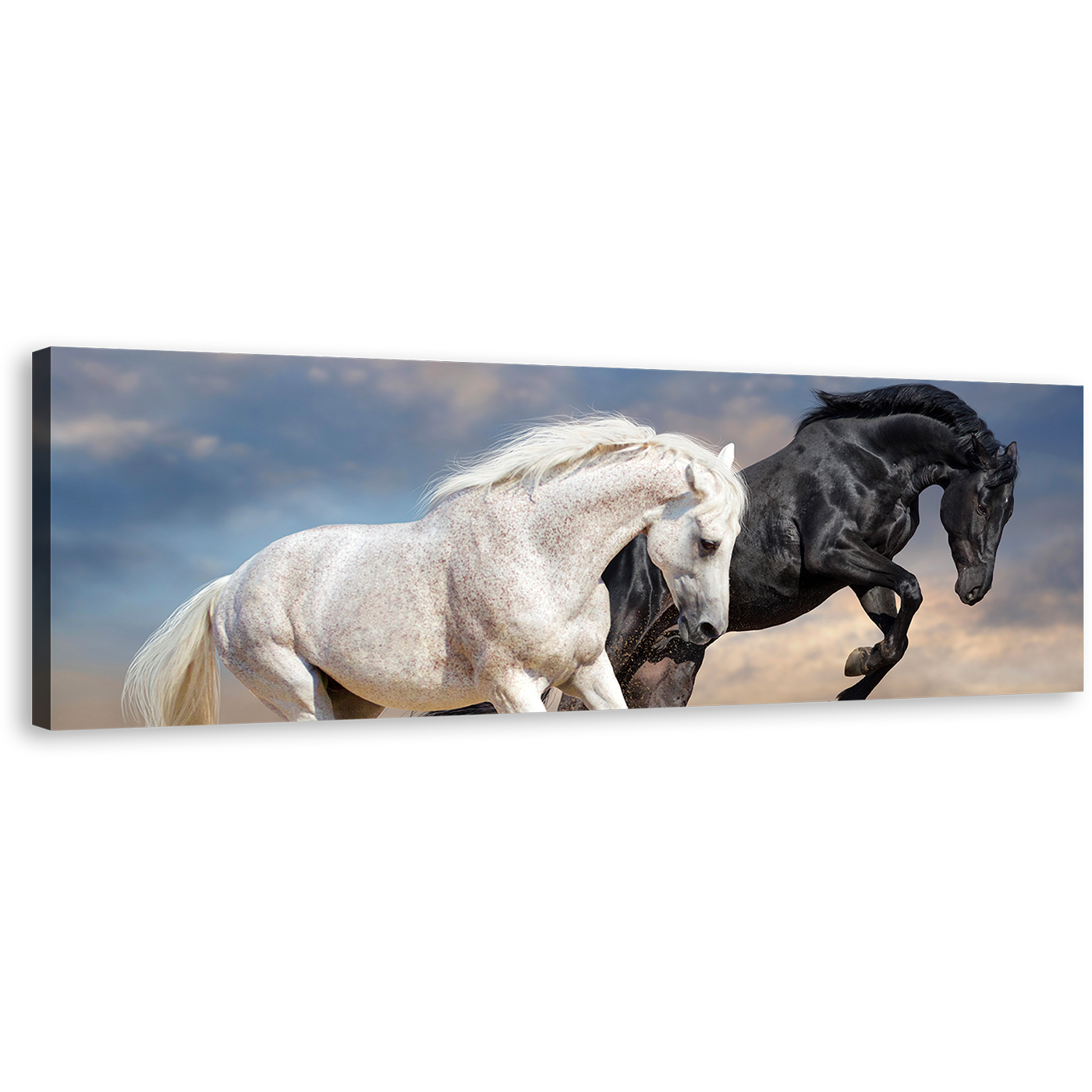 Horses Run Canvas Wall Art, Black and White Horses 1 Piece Canvas Print, Two Horses in Nature Wide Canvas