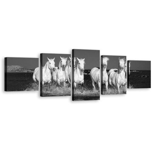 Horses Running Canvas Wall Art, Horses Galloping Forward 5 Piece, Grey Horses Beach Canvas Set, White Horses Running Multi Canvas