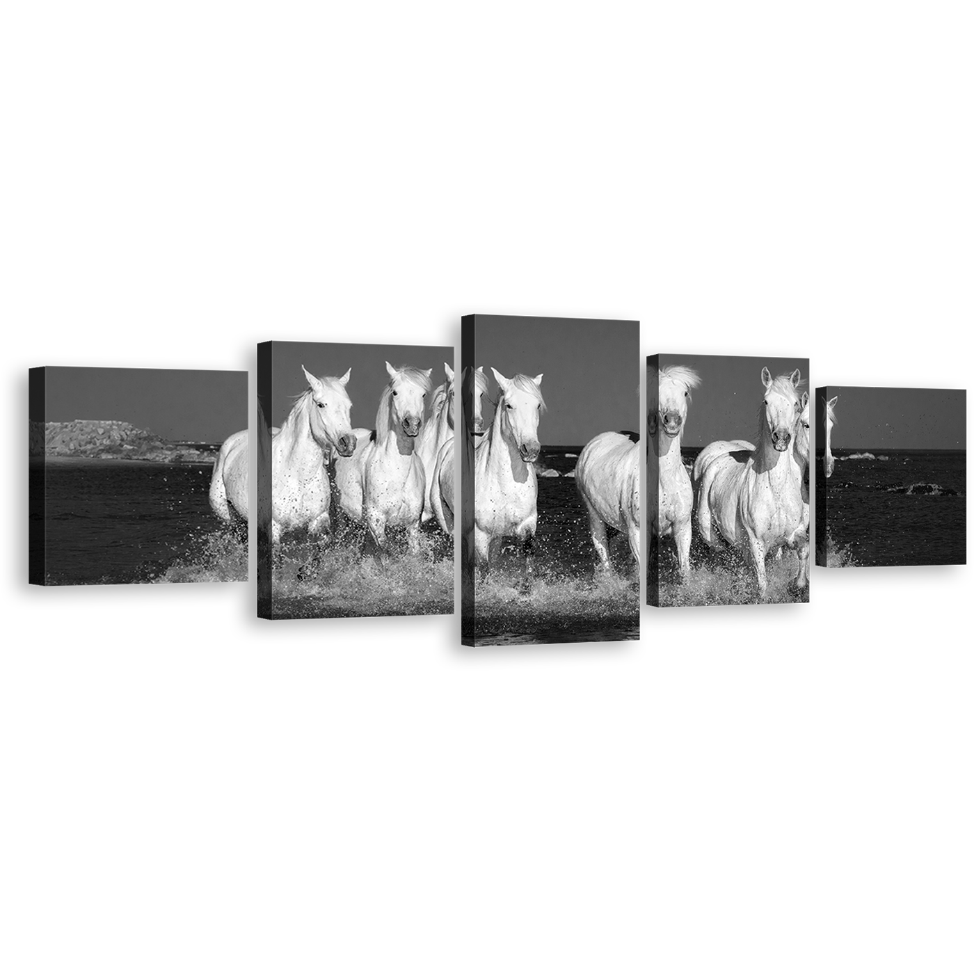 Horses Running Canvas Wall Art, Horses Galloping Forward 5 Piece, Grey Horses Beach Canvas Set, White Horses Running Multi Canvas