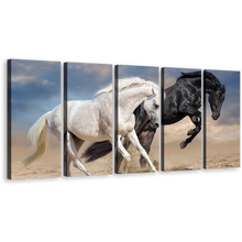 Load image into Gallery viewer, Horses Running Canvas Wall Art, White Black Horses in Nature 5 Piece Canvas Set, Horse Couple Canvas Print
