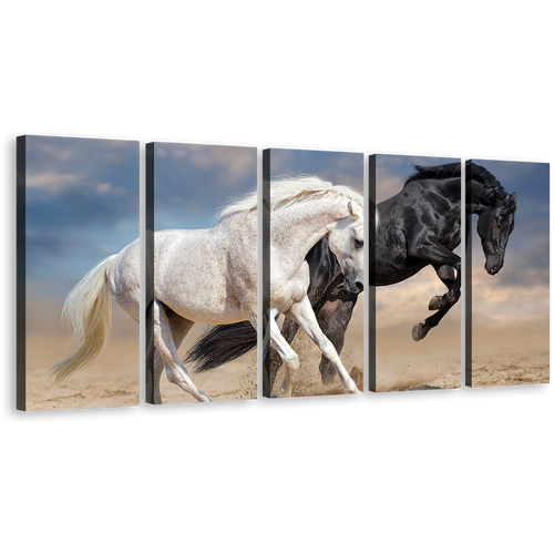 Horses Running Canvas Wall Art, White Black Horses in Nature 5 Piece Canvas Set, Horse Couple Canvas Print