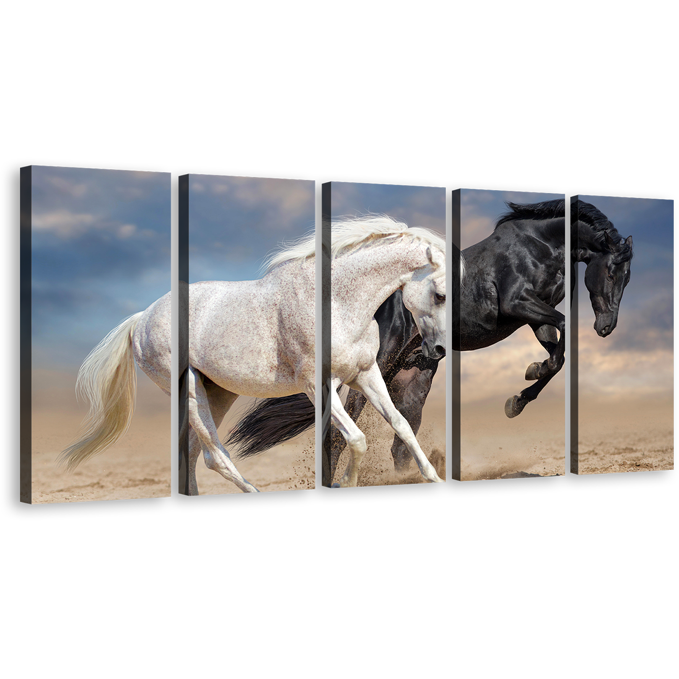 Horses Running Canvas Wall Art, White Black Horses in Nature 5 Piece Canvas Set, Horse Couple Canvas Print