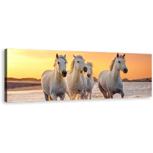 Load image into Gallery viewer, Horses Sea Canvas Wall Art, Horses Yellow Sunset Sky Panoramic Canvas Print, White Horses Running Forward Wide Canvas
