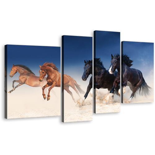 Horses Stallions Canvas Print, Running Black Brown Horses Herd Multiple Canvas, Animal Galloping 4 Piece Wall Art