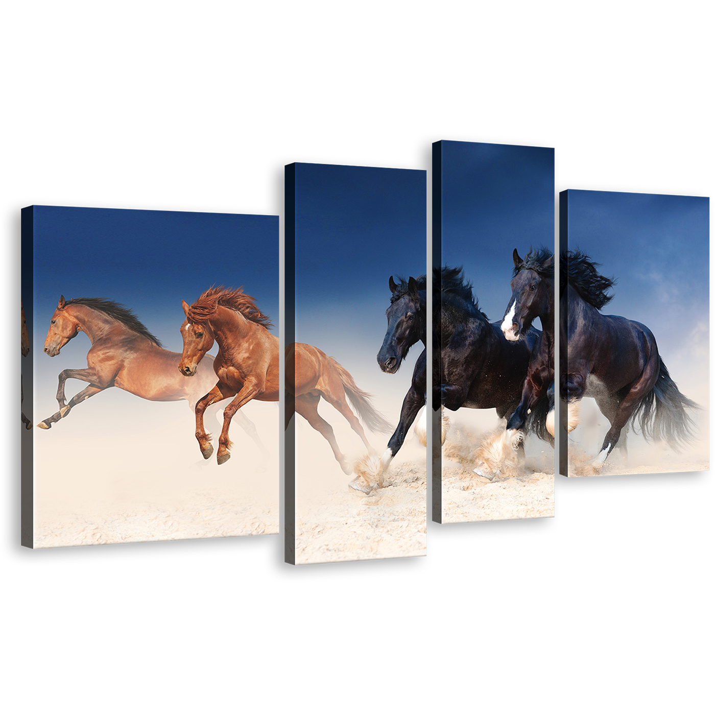 Horses Stallions Canvas Print, Running Black Brown Horses Herd Multiple Canvas, Animal Galloping 4 Piece Wall Art