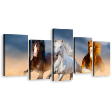 Load image into Gallery viewer, Horses Stallions Canvas Wall Art, Running Black Brown Horses Herd Multiple Canvas, 3 Horses Galloping 5 Piece Canvas Print
