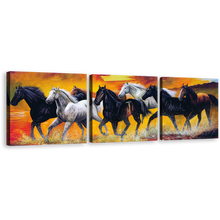 Load image into Gallery viewer, Horses Water Canvas Print, Black White Horses Herd 3 Piece Canvas Wall Art, Horses Orange Sky Beach Multi Canvas
