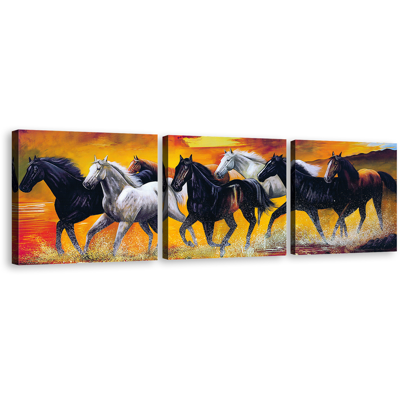 Horses Water Canvas Print, Black White Horses Herd 3 Piece Canvas Wall Art, Horses Orange Sky Beach Multi Canvas