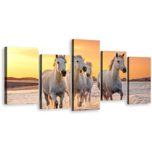 Load image into Gallery viewer, Horses Water Canvas Wall Art, White Horses Running Forward 5 Piece Canvas Print, Yellow Sunset Horses Sea Multi Canvas
