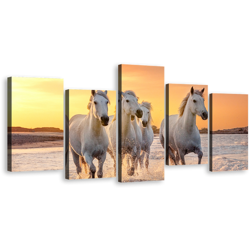 Horses Water Canvas Wall Art, White Horses Running Forward 5 Piece Canvas Print, Yellow Sunset Horses Sea Multi Canvas