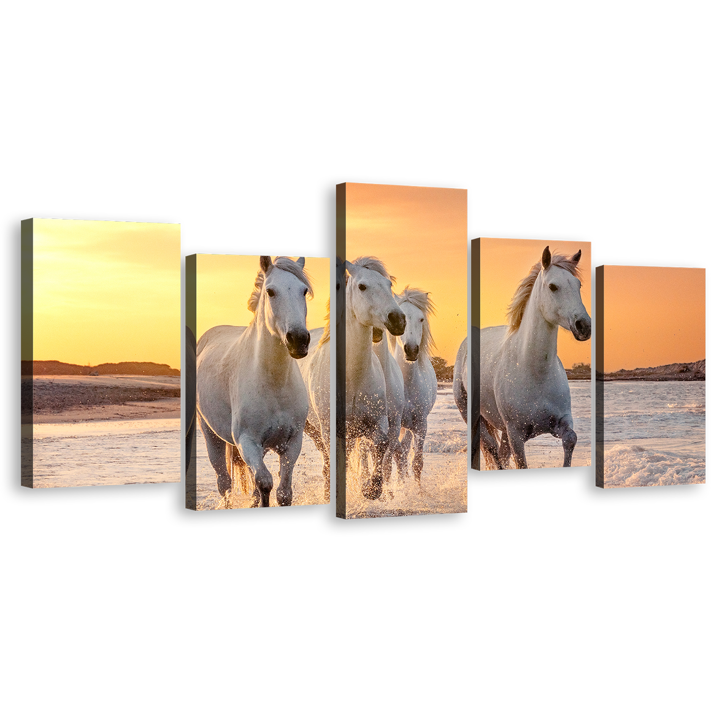 Horses Water Canvas Wall Art, White Horses Running Forward 5 Piece Canvas Print, Yellow Sunset Horses Sea Multi Canvas