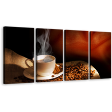 Load image into Gallery viewer, Hot Coffee Wall Art, White Cup Coffee Beans Multi Canvas, Brown Cinnamon Sticks 4 Piece Canvas Print
