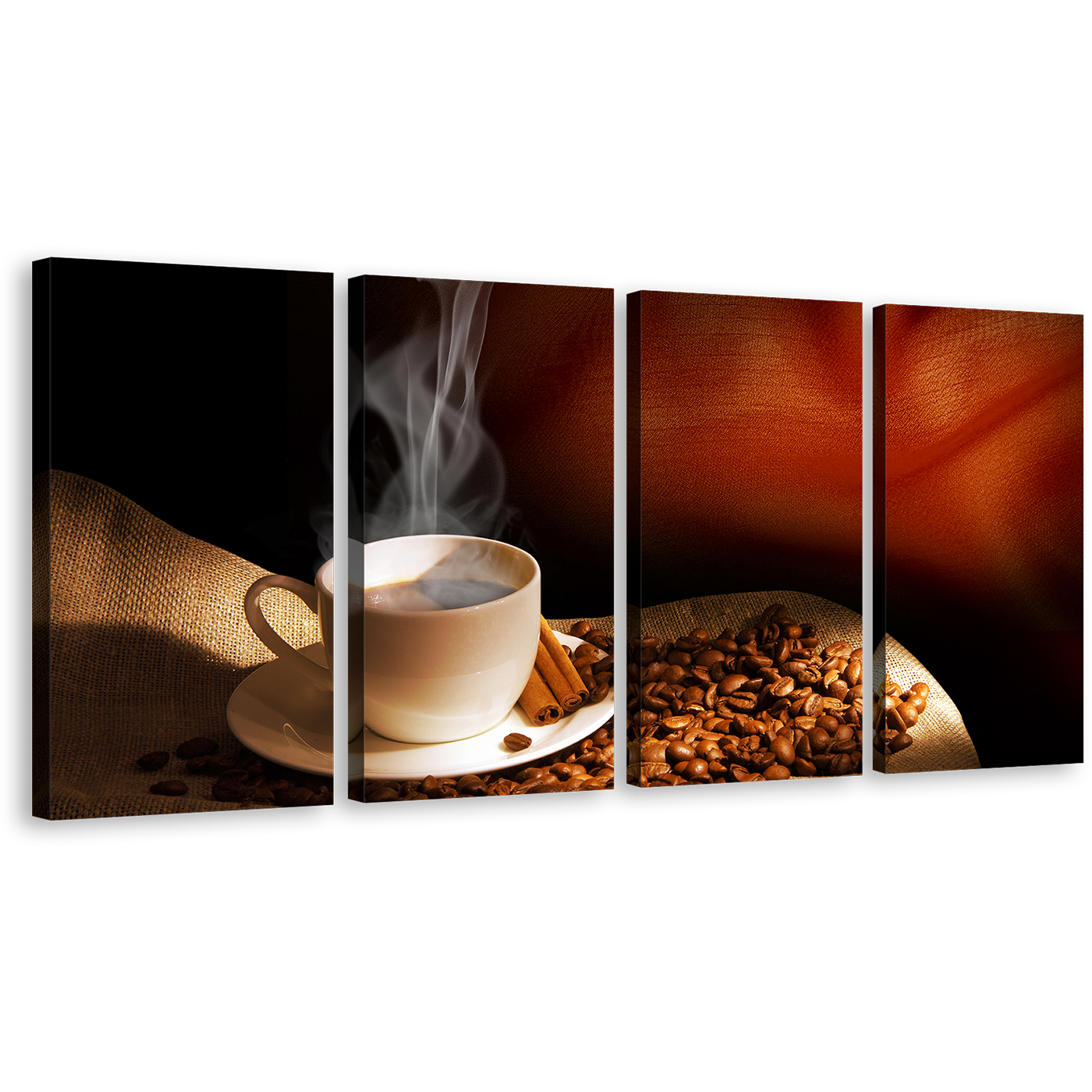 Hot Coffee Wall Art, White Cup Coffee Beans Multi Canvas, Brown Cinnamon Sticks 4 Piece Canvas Print