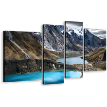 Load image into Gallery viewer, Huayhuash Trek Wall Art, Blue Water Scenery Canvas Set, Grey White Snowy Ocean Mountains 4 Piece Canvas Print
