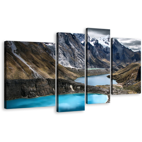 Huayhuash Trek Wall Art, Blue Water Scenery Canvas Set, Grey White Snowy Ocean Mountains 4 Piece Canvas Print