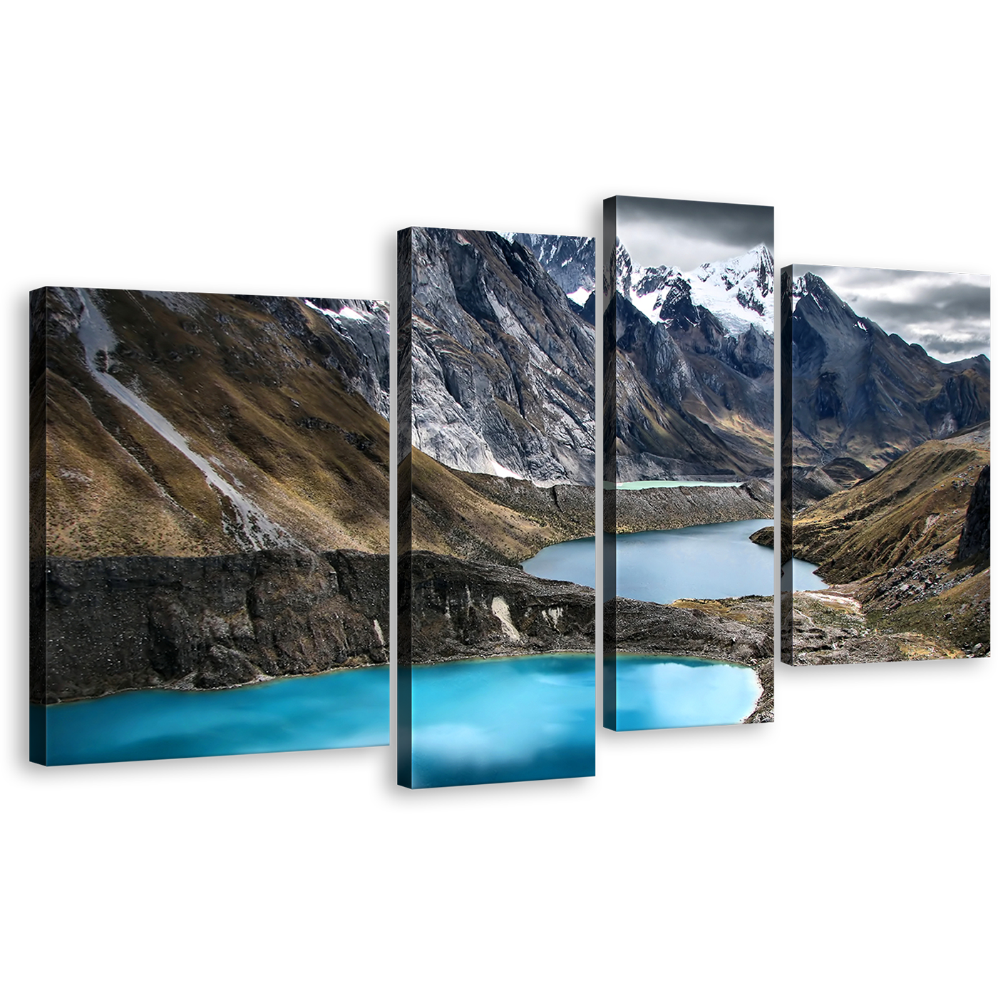 Huayhuash Trek Wall Art, Blue Water Scenery Canvas Set, Grey White Snowy Ocean Mountains 4 Piece Canvas Print