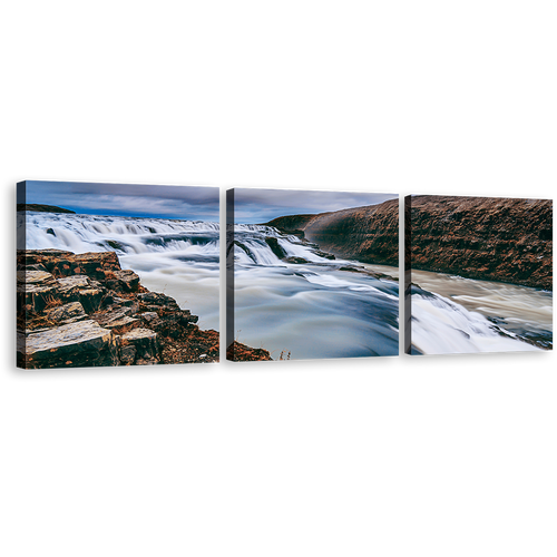 Hvita River Canvas Wall Art, Amazing White Waterfall in Iceland 3 Piece Canvas Print, Blue Gullfoss Waterfall Triptych Canvas Set