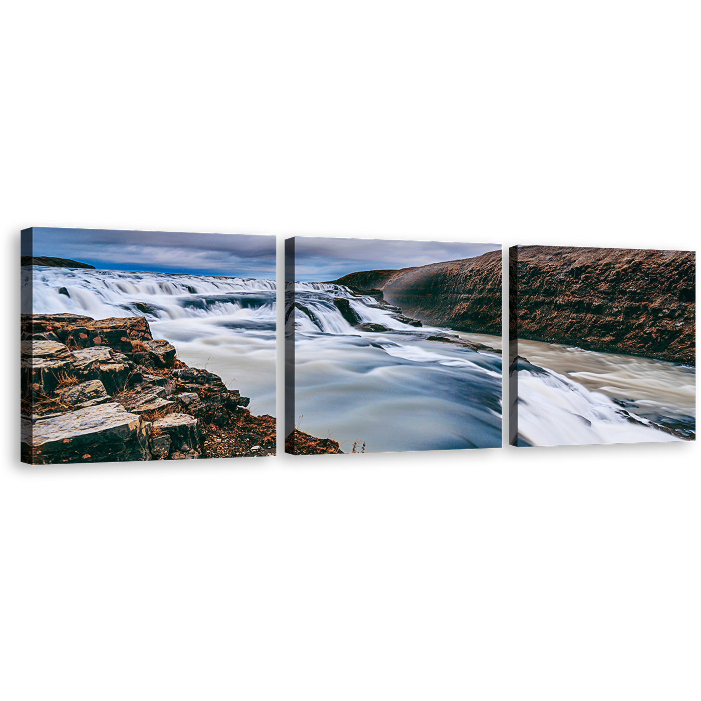 Hvita River Canvas Wall Art, Amazing White Waterfall in Iceland 3 Piece Canvas Print, Blue Gullfoss Waterfall Triptych Canvas Set