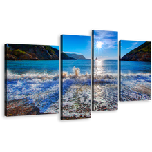 Load image into Gallery viewer, Ibiza Beach Wall Art, Blue White Sky Sunset Island Canvas Set, Cala Benirrás Beach Ocean Mountain 4 Piece Canvas Set
